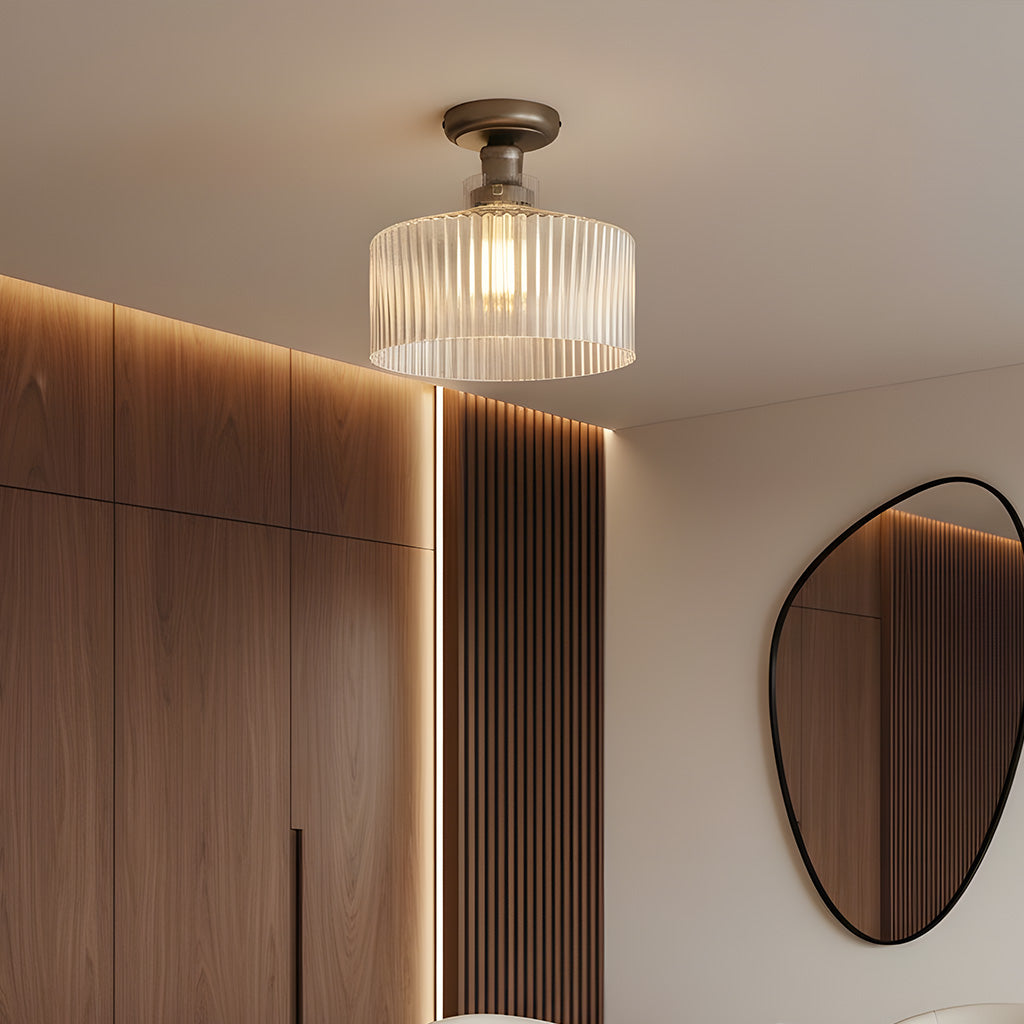 Ilyan Vintage Ribbed Glass Drum Flush Mount Ceiling Light