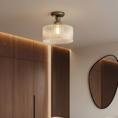 Ilyan Vintage Ribbed Glass Drum Flush Mount Ceiling Light