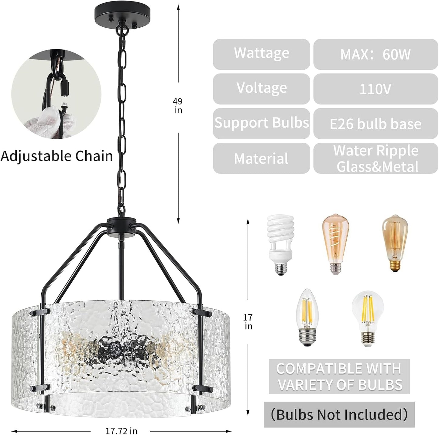 Elys Modern Water Corrugated Glass Drum Shade Pendant Light
