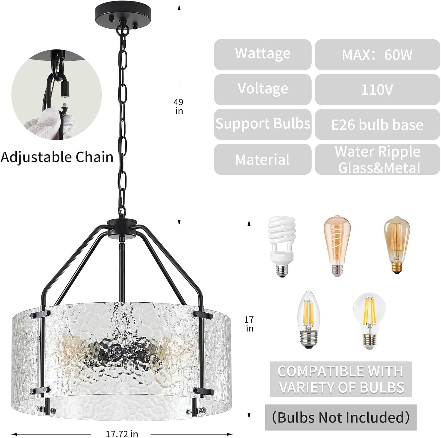 Elys Modern Water Corrugated Glass Drum Shade Pendant Light