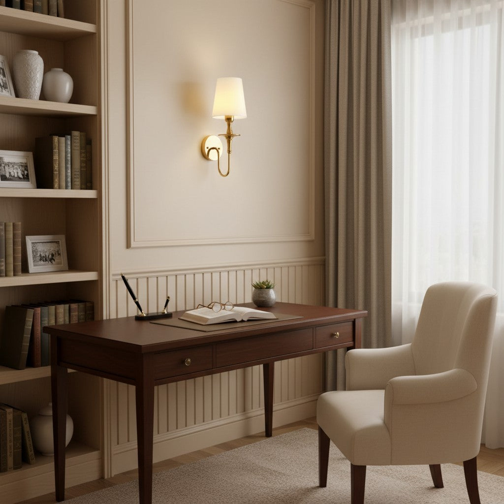 Callan Natural Curved Arm Fabric Gold Wall Sconce