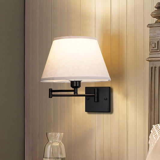 Vynith Battery Opperated White Linen Dimmable Swing Arm Sconce