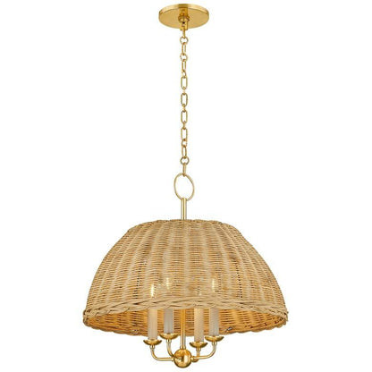 Margaret Minimalist Natural 4-Light Dome Rattan Brass Pendant Light