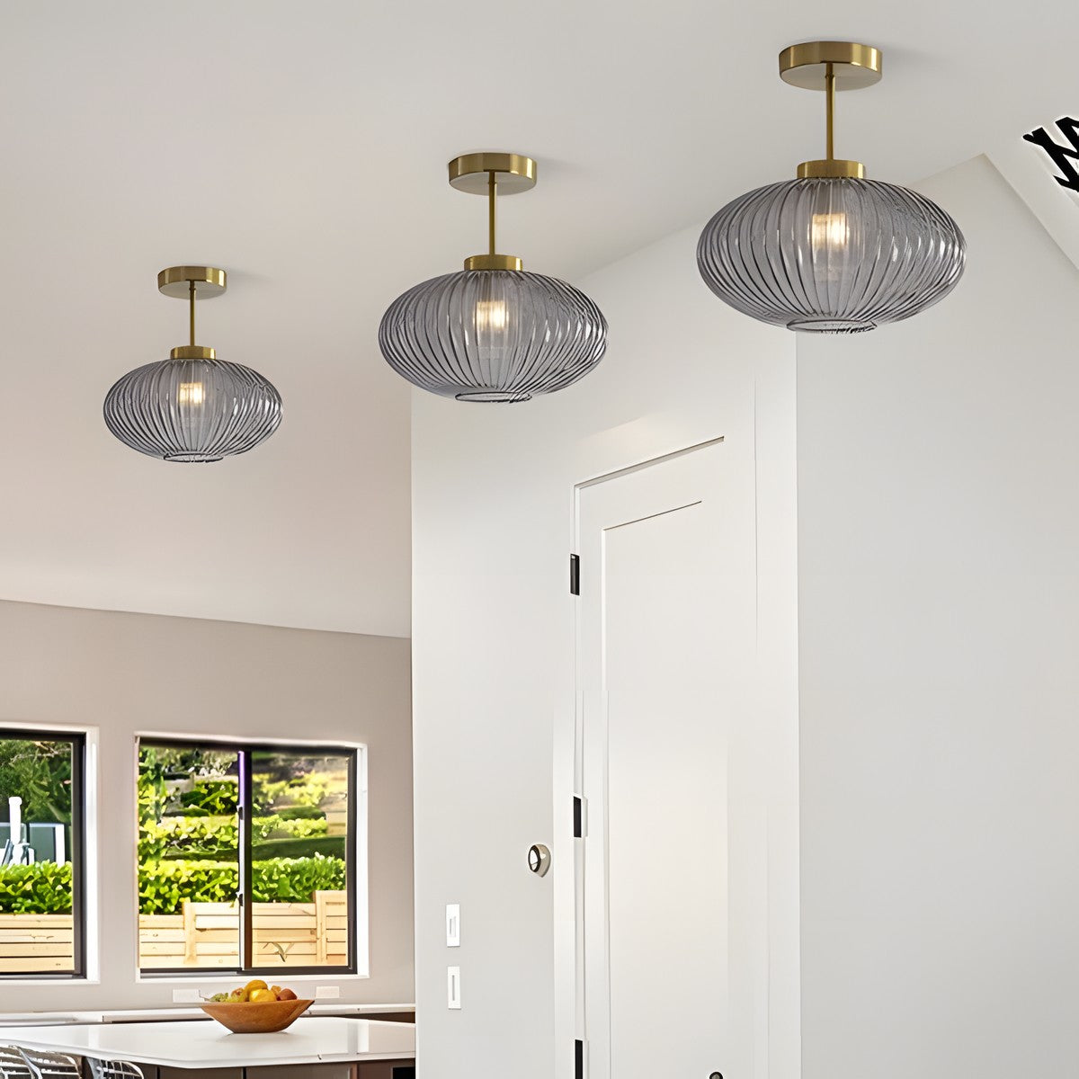 Jorik Natural Green Ribbed Glass Oval Ceiling Light