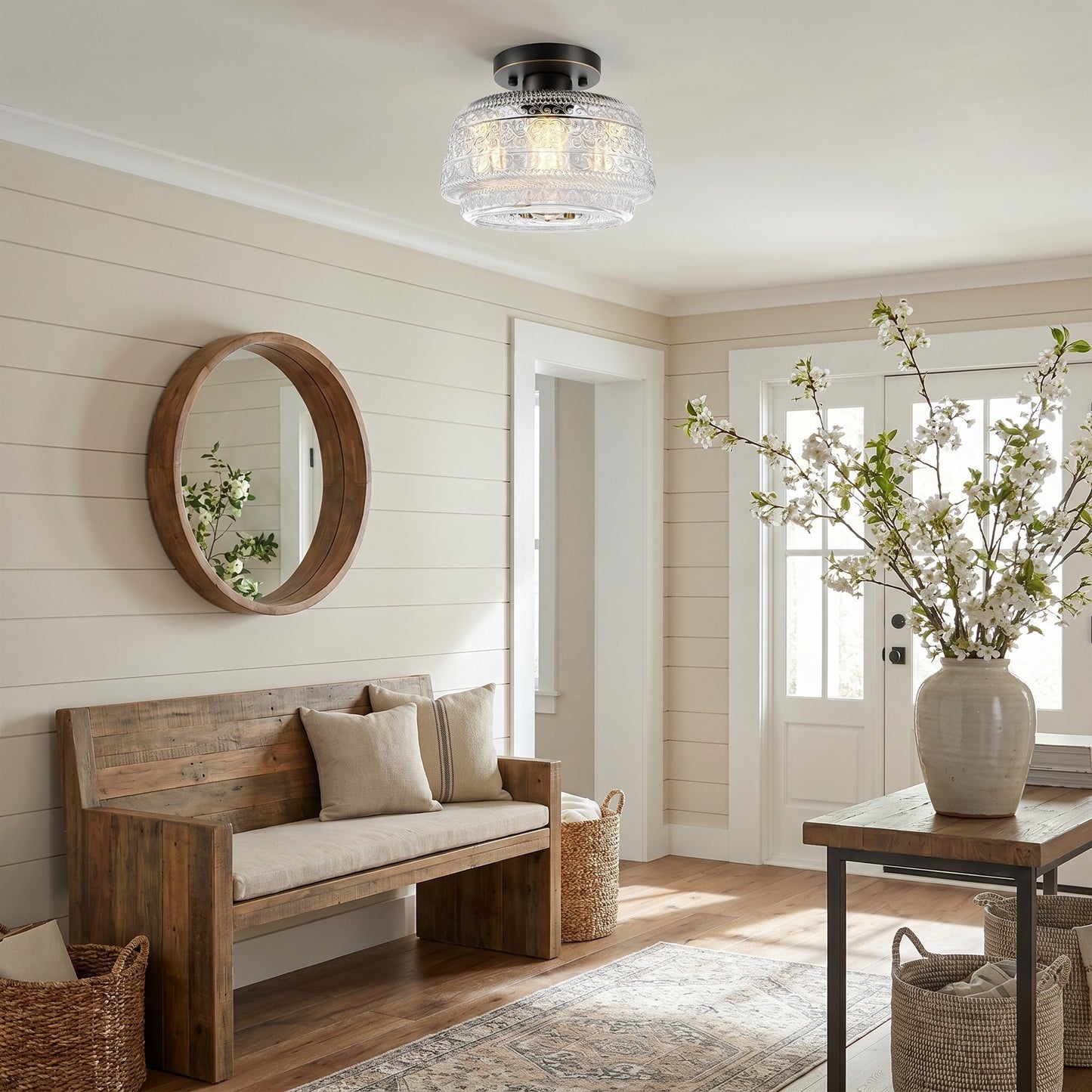 Ixionis Farmhouse Patterned Glass Semi Flush Mount Ceiling Light