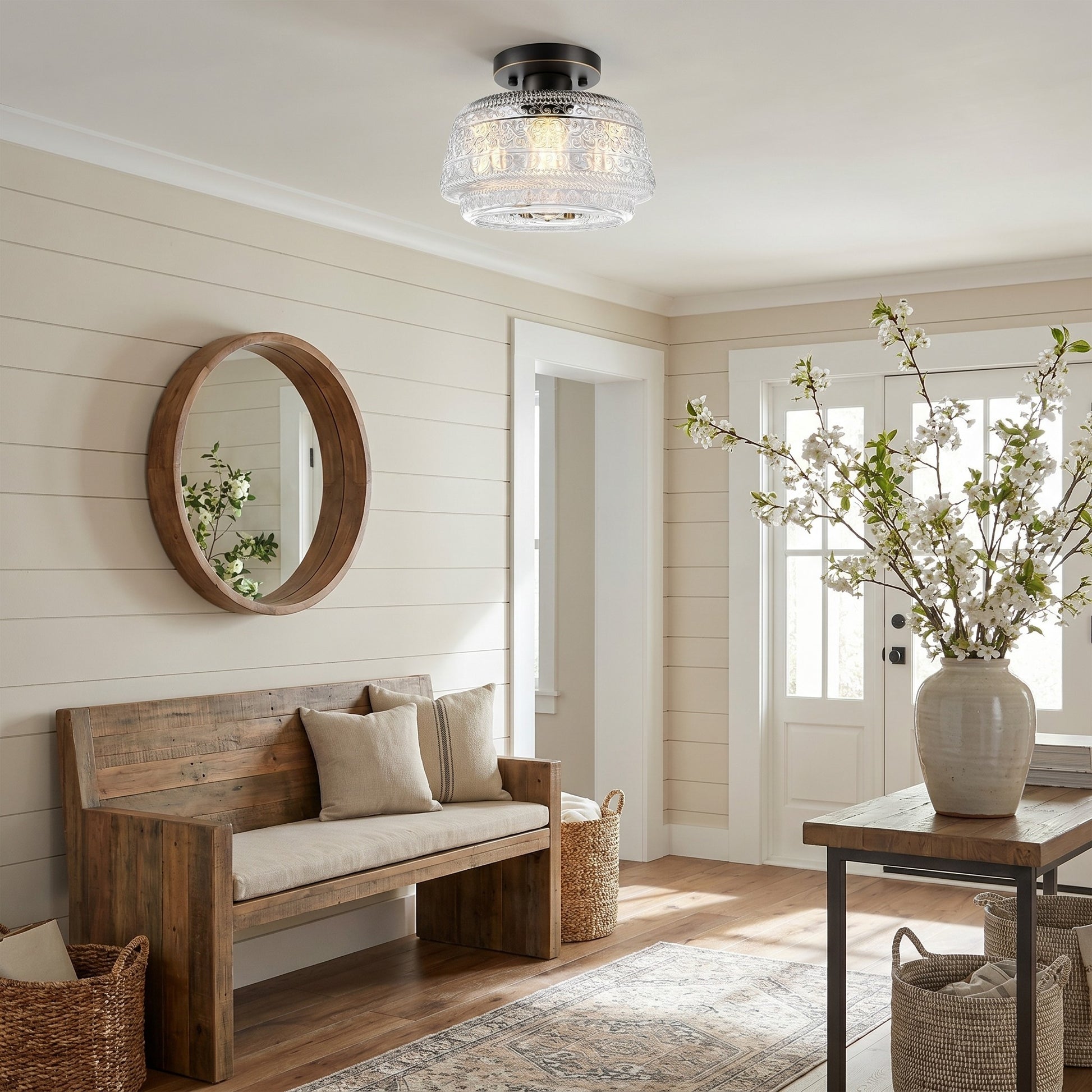 Ixionis Farmhouse Patterned Glass Semi Flush Mount Ceiling Light
