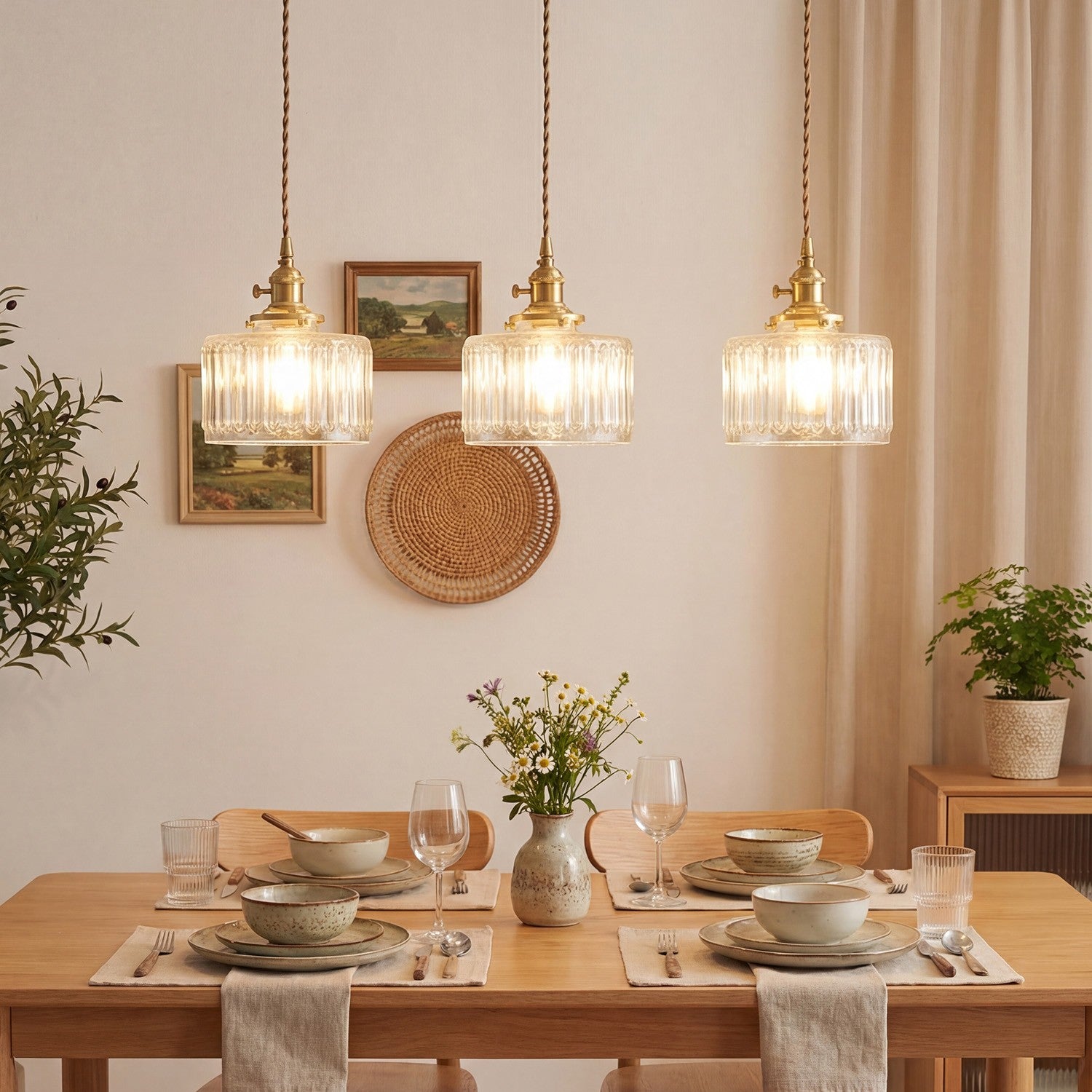Zavier Vintage Cylinder Wave Pattern Glass Shade Pendant Chandelier