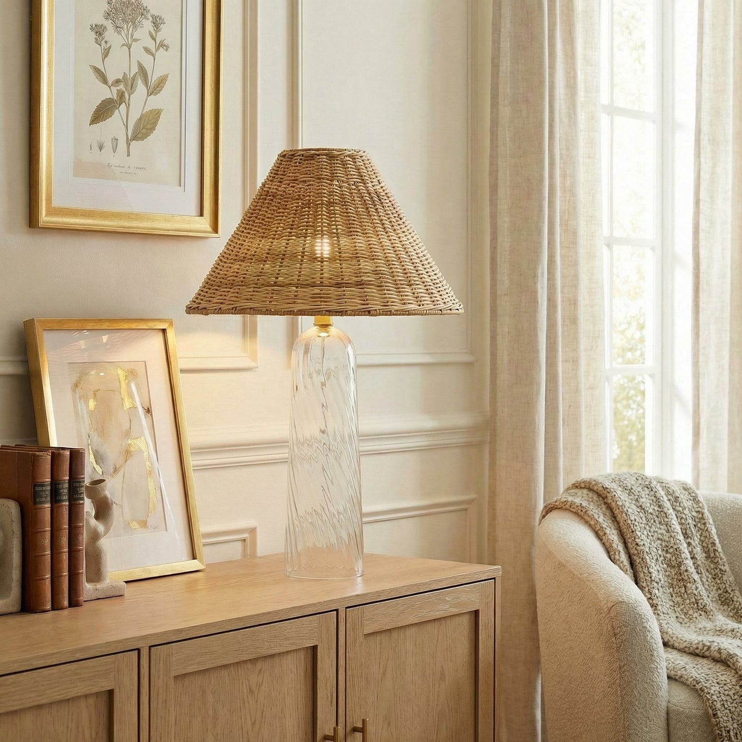 Gunner Boho Natural Rattan & Clear Glass Cylindrical Table Lamp