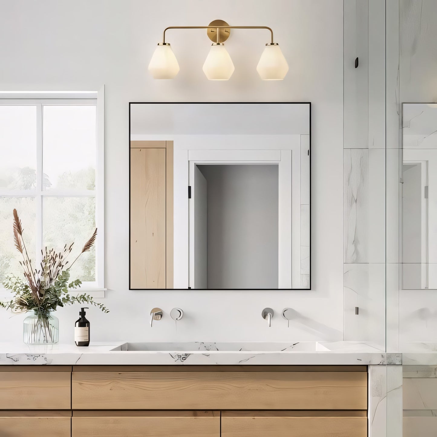 Nynevea Brushed Brass 3-Light Milk Glass Sconce