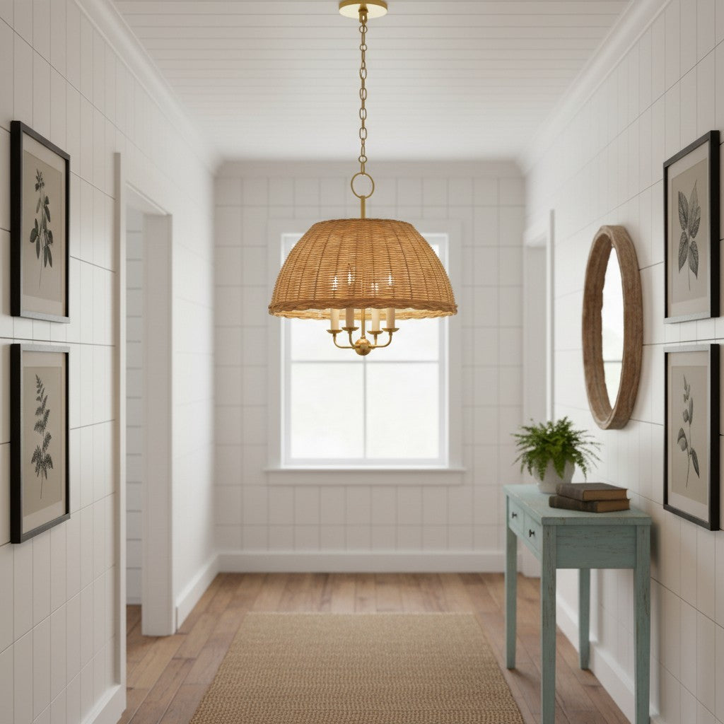 Margaret Minimalist Natural 4-Light Dome Rattan Brass Pendant Light