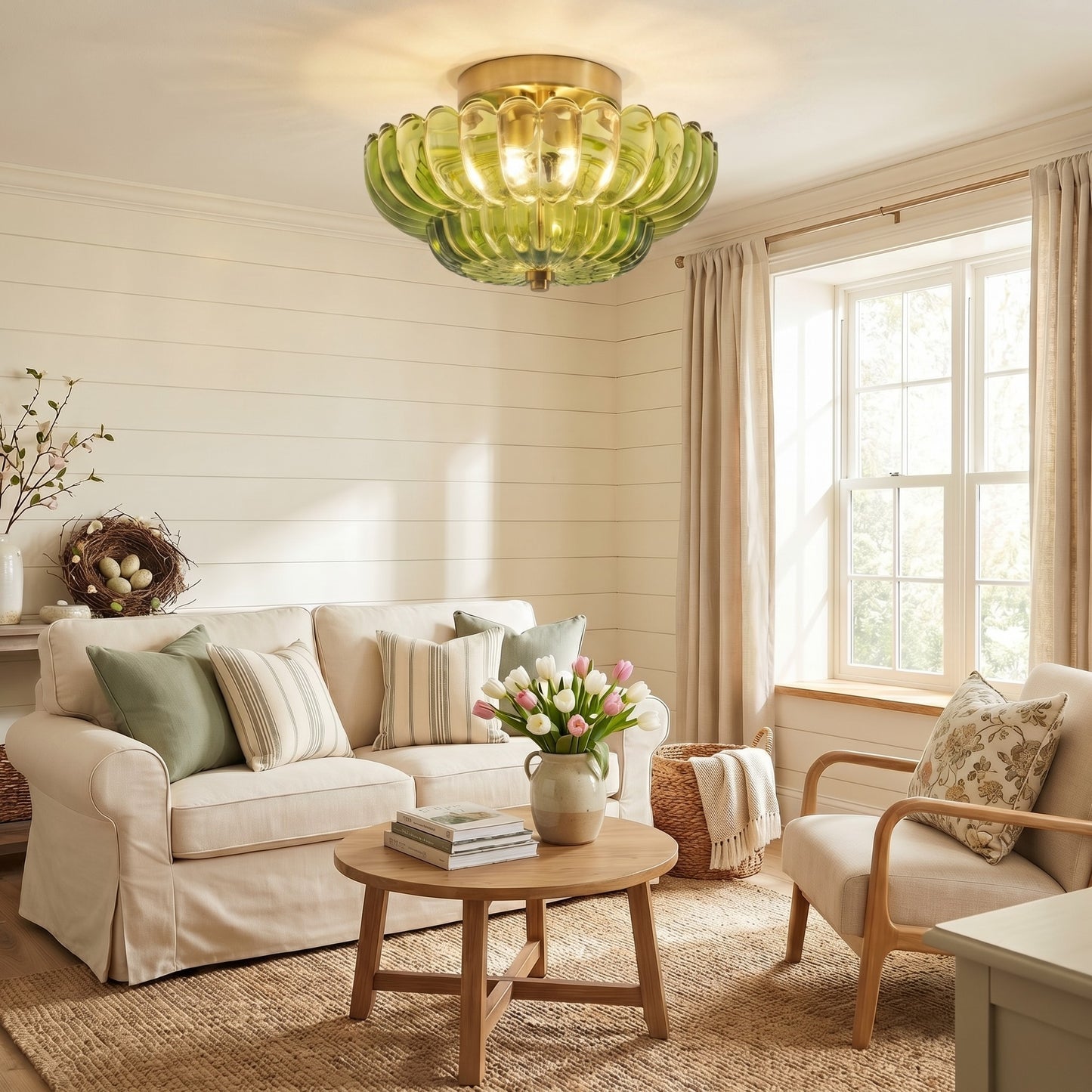 Raveena Vintage Amber Glass Semi Flush Mount Floral Ceiling Light