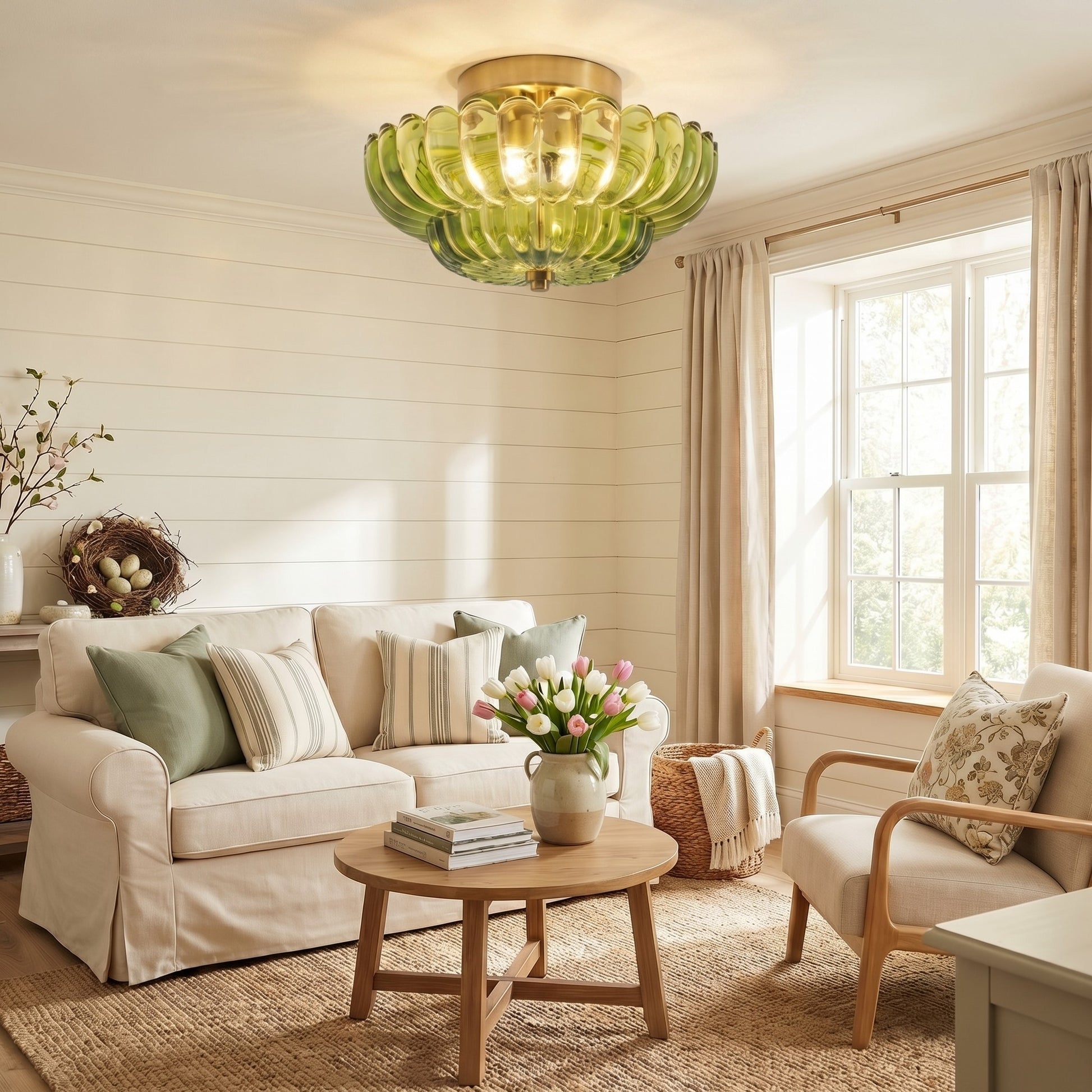 Raveena Vintage Amber Glass Semi Flush Mount Floral Ceiling Light