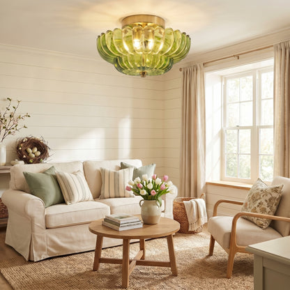 Raveena Vintage Amber Glass Semi Flush Mount Floral Ceiling Light