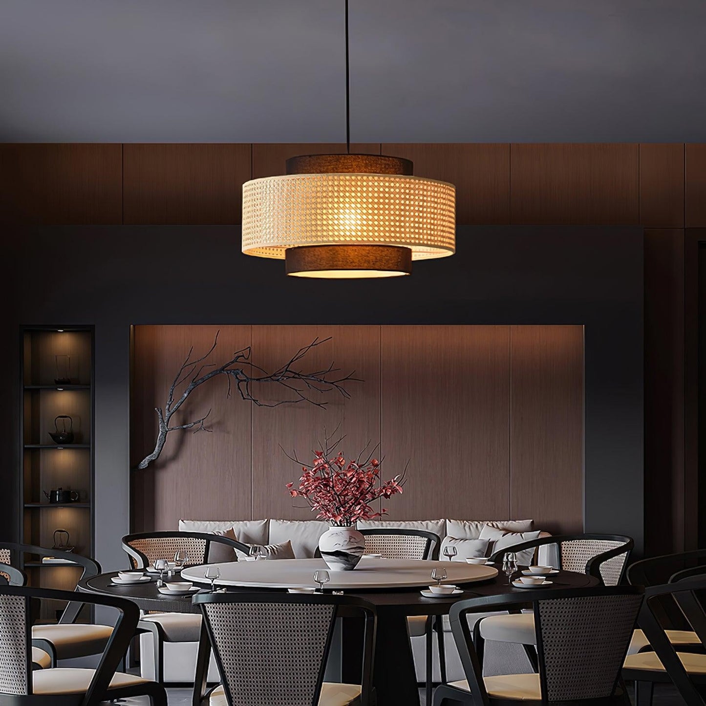 Nivara Rattan Linen Double Drum Pendant Light