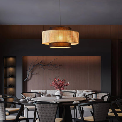 Nivara Rattan Linen Double Drum Pendant Light