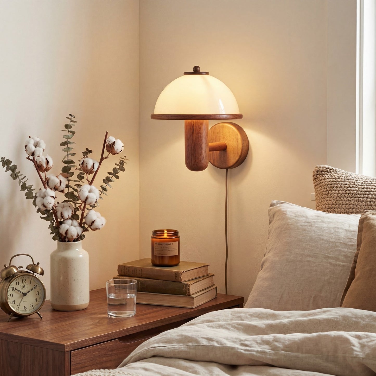 Zera Wood Mushroom White Milk Shade Plug In Sconce