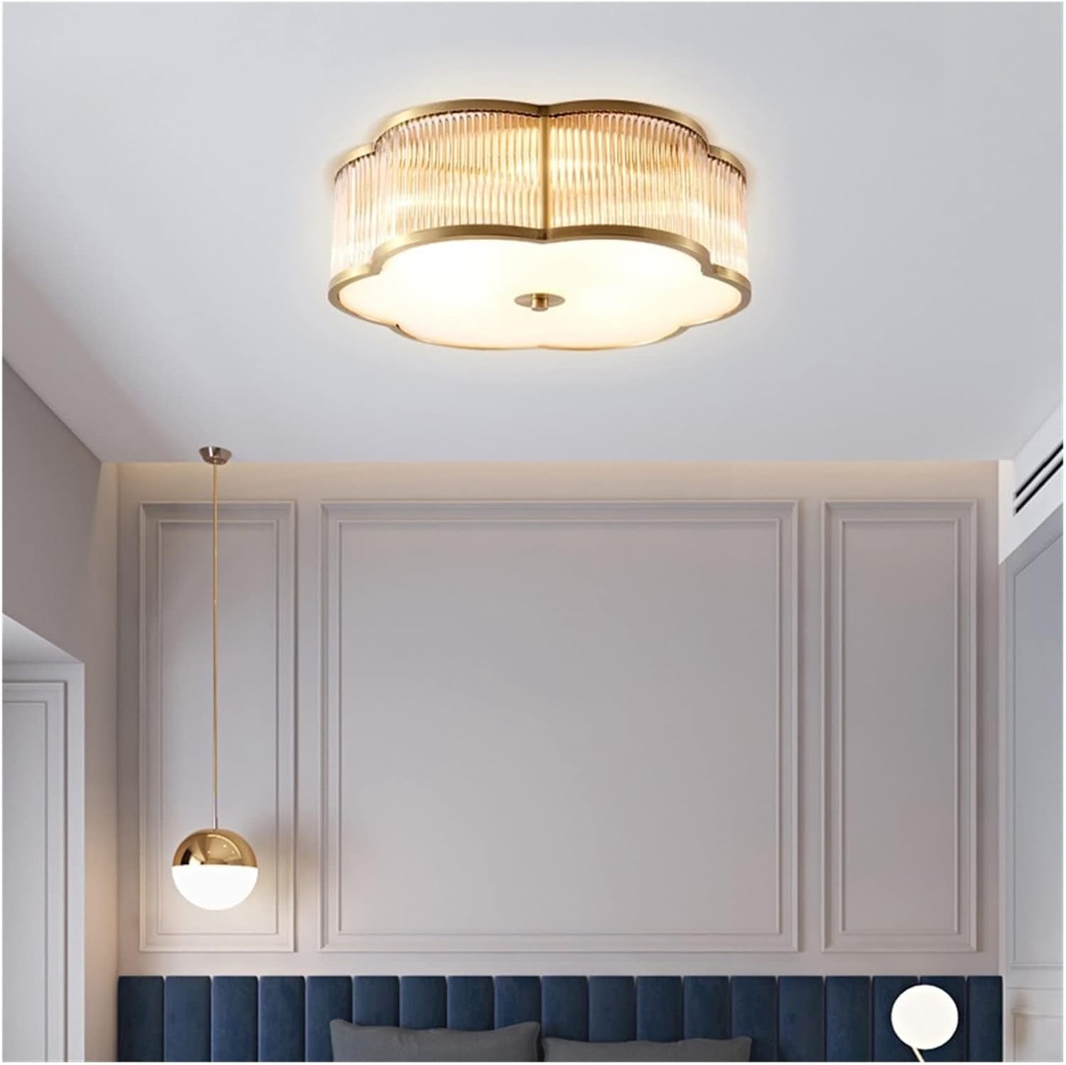 Marcela Traditional Brass Flower Ribbed Glass Ceiling Light