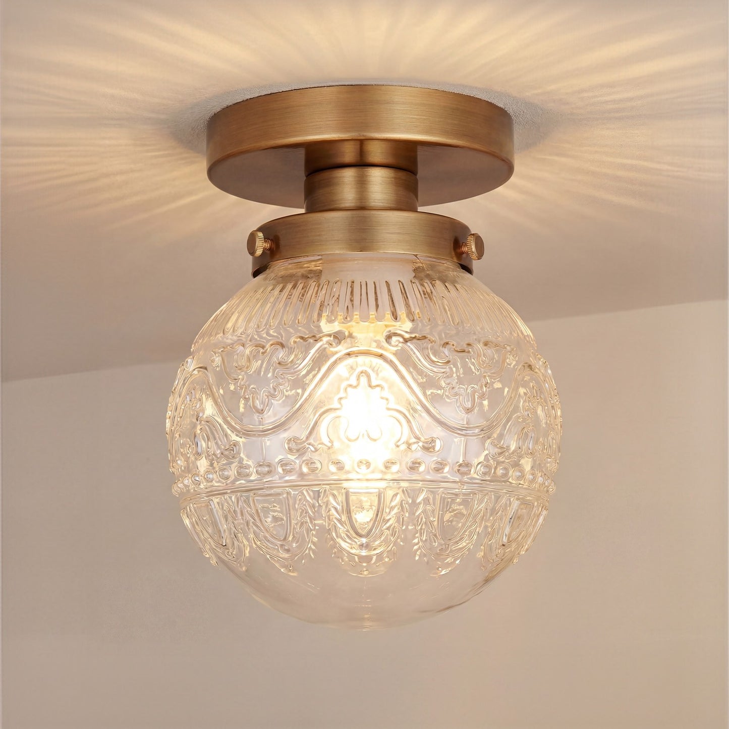 Ixionis Vintage Engraved Pattern Globe Glass Flush Mount Ceiling Light
