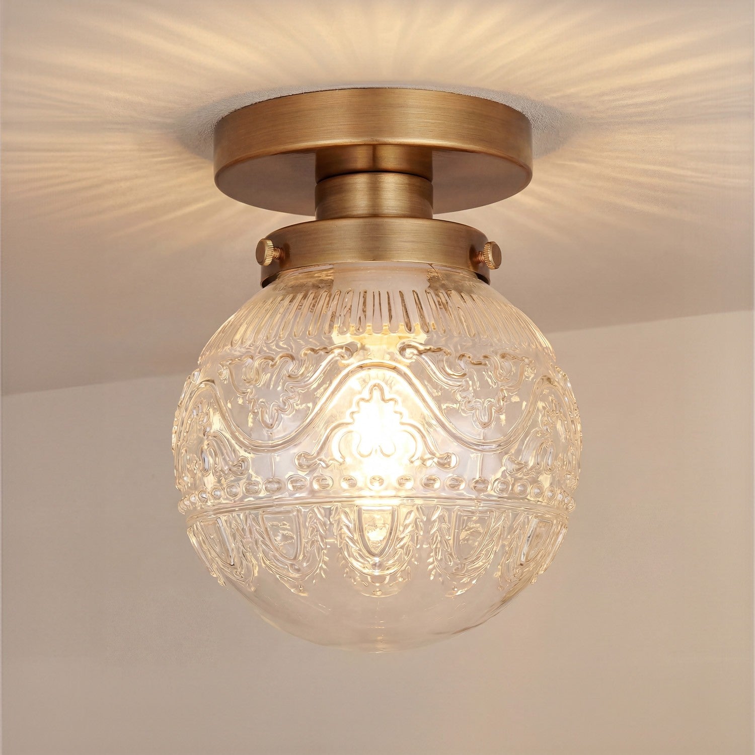 Ixionis Vintage Engraved Pattern Globe Glass Flush Mount Ceiling Light