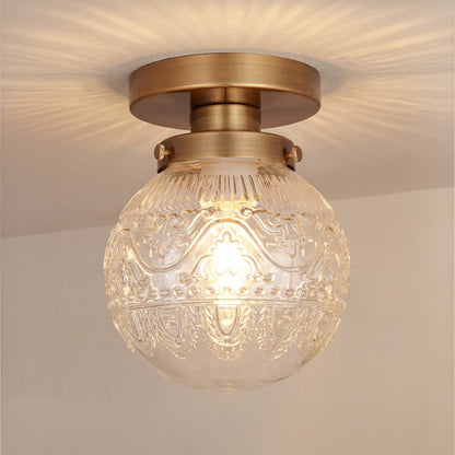 Ixionis Vintage Engraved Pattern Globe Glass Flush Mount Ceiling Light