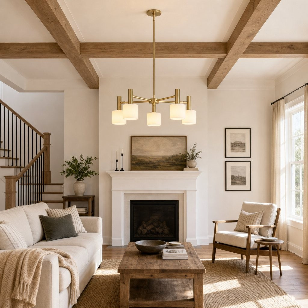 Aura Mid-Century Brass Porcelain Cylinder Chandelier