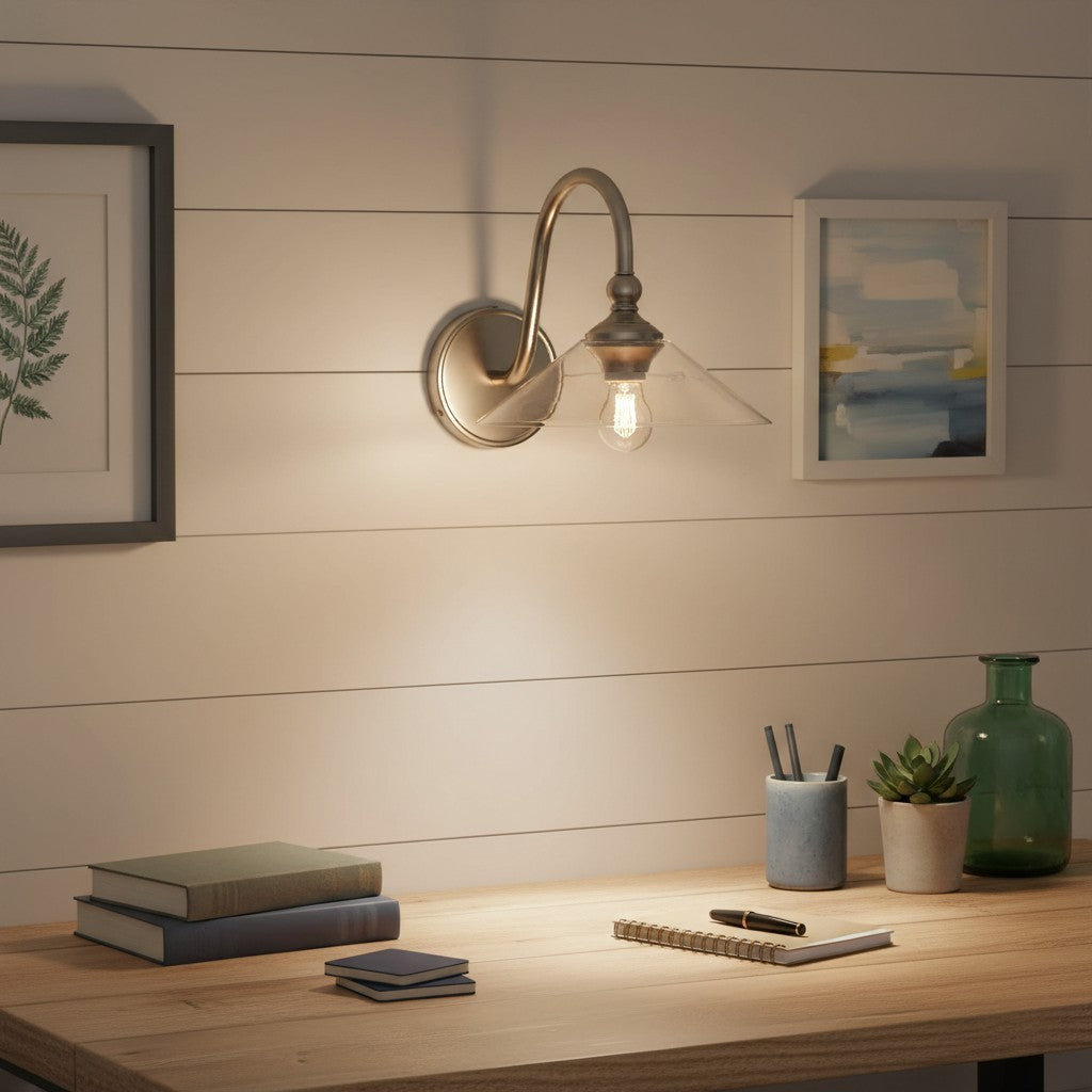 Cygnira Vintage Brass Glass Curved Neck Wall Light