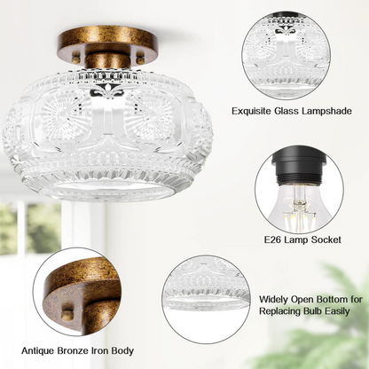 Ixionis Retro Carved Glass Semi Flush Ceiling Light