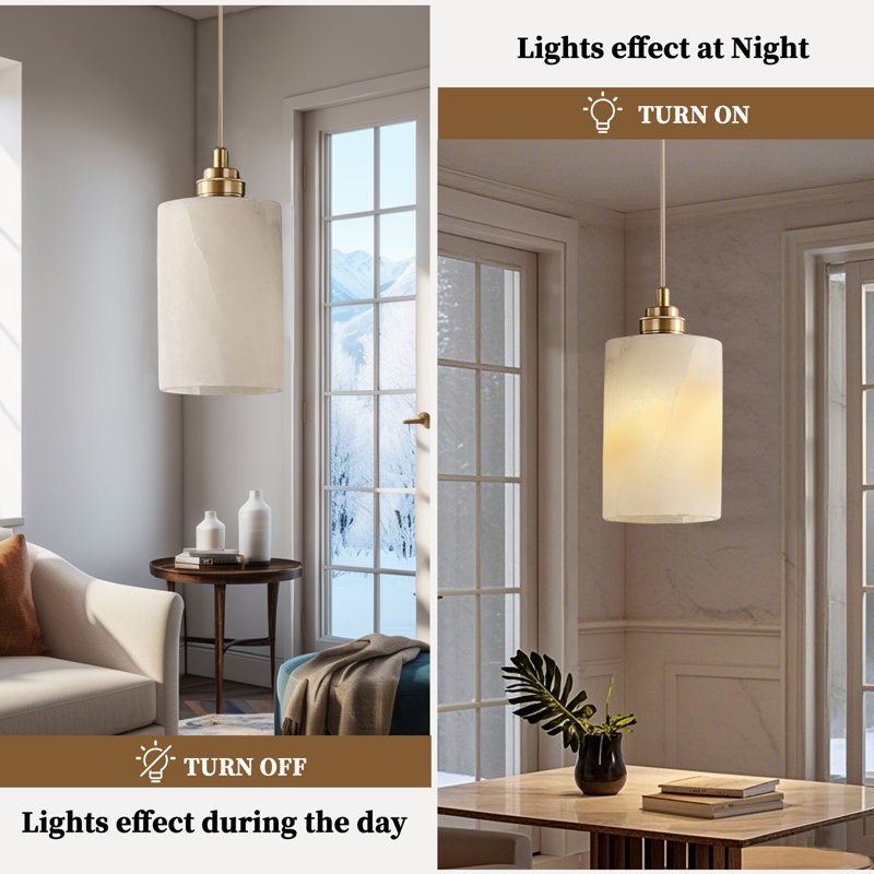 Beverlee Modern Brass Cylinder Alabaster Pendant Light