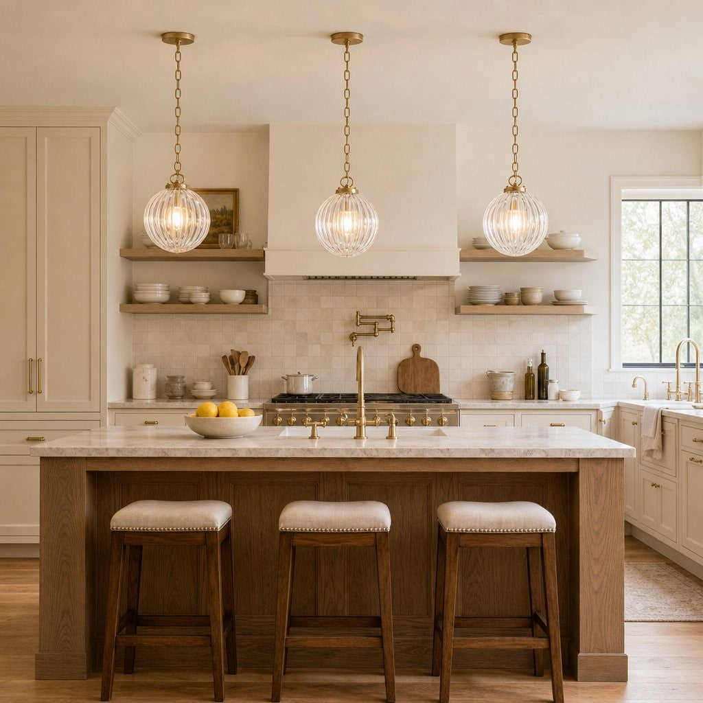 Hana Farmhouse Ribbed Glass Globe Pendant Light