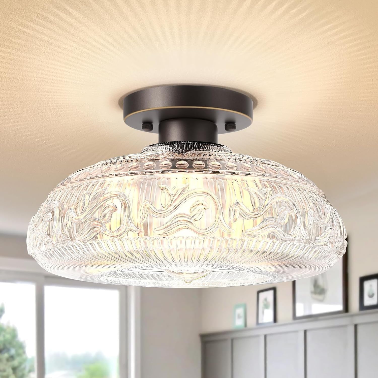 Cassandra American Country Patterned Glass Ceiling Light