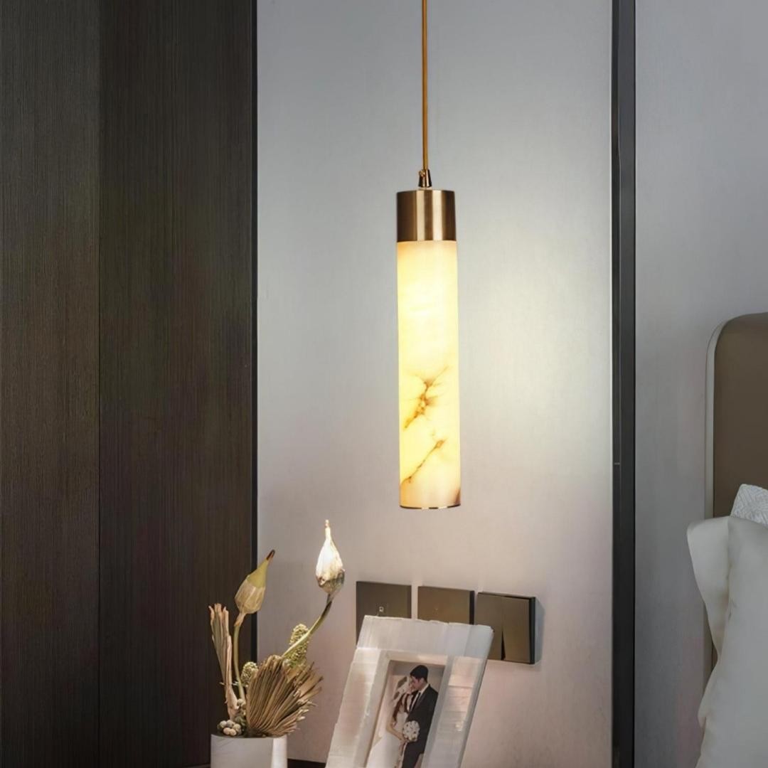 Odalys Luxurious Cylindrical Alabaster Brass Pendant Light