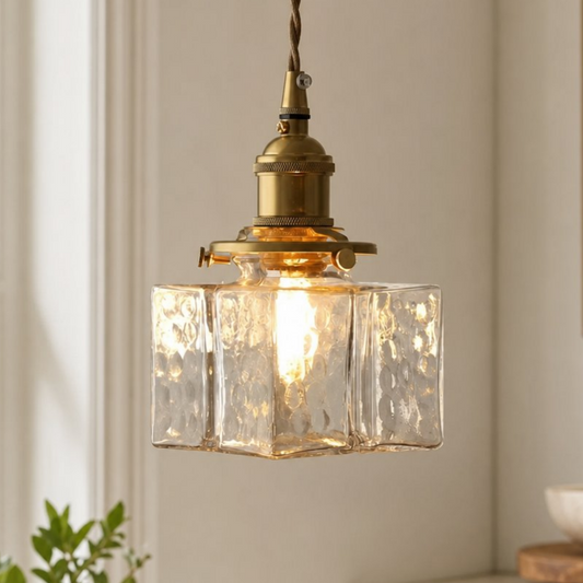 Faelthorin Farmhouse Brass Hammered Square Glass Pendant Lamp