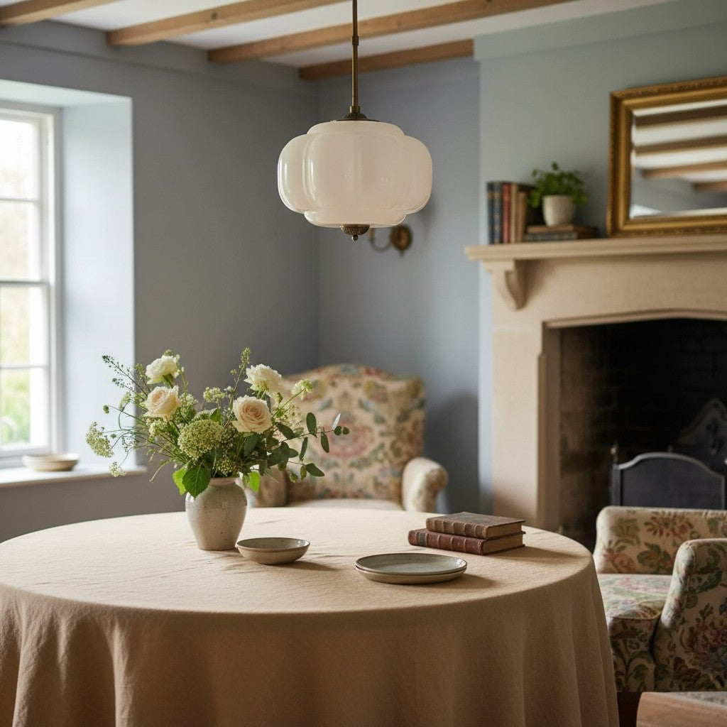 Elegant Eloise Scallop Milk Glass Semi-Flush Mount Ceiling Light - Vintage Brass Frame and Pumpkin Shape