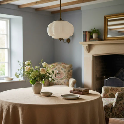 Elegant Eloise Scallop Milk Glass Semi-Flush Mount Ceiling Light - Vintage Brass Frame and Pumpkin Shape
