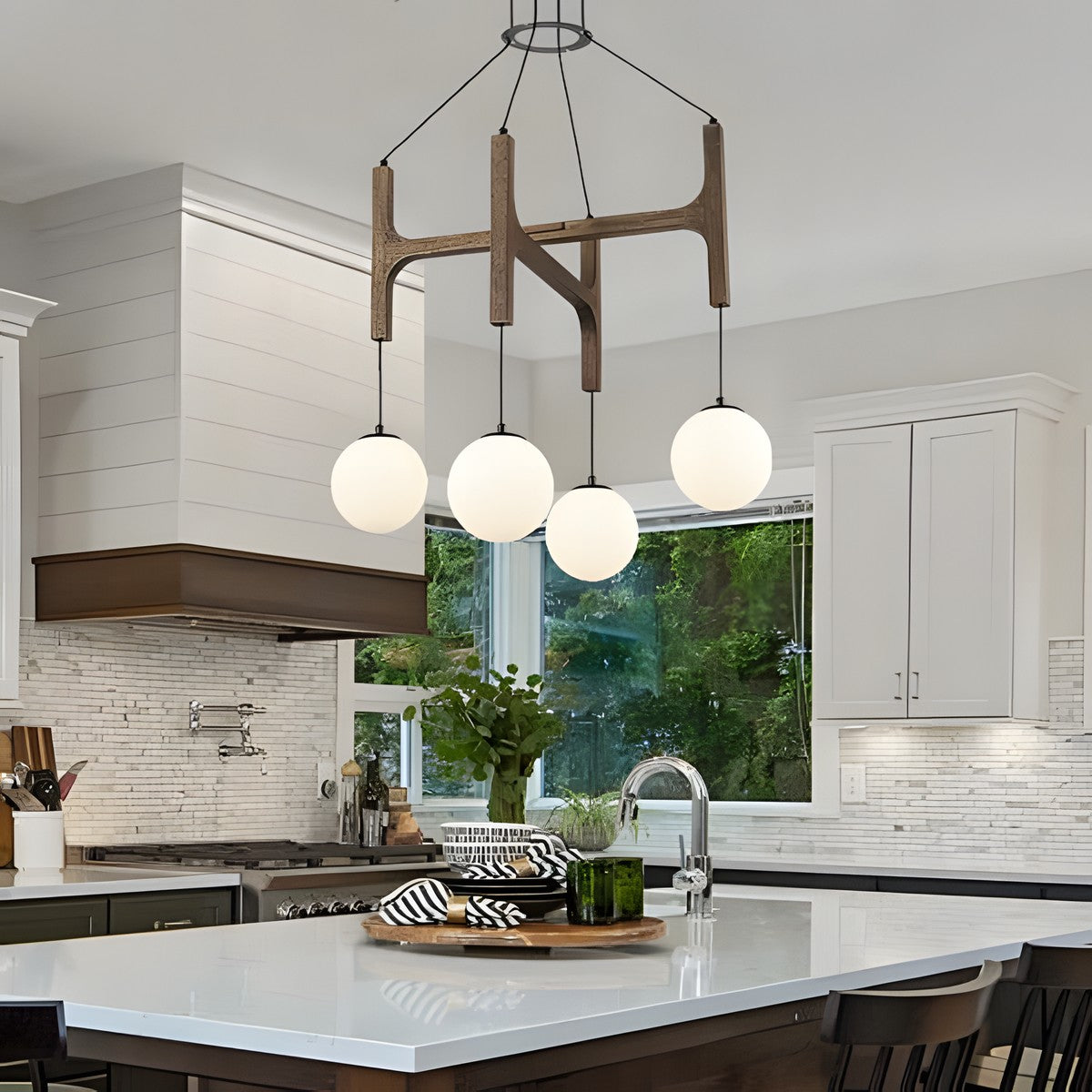 Astraea Farmhouse Wooden Branch Milk Glass Globe Chandelier