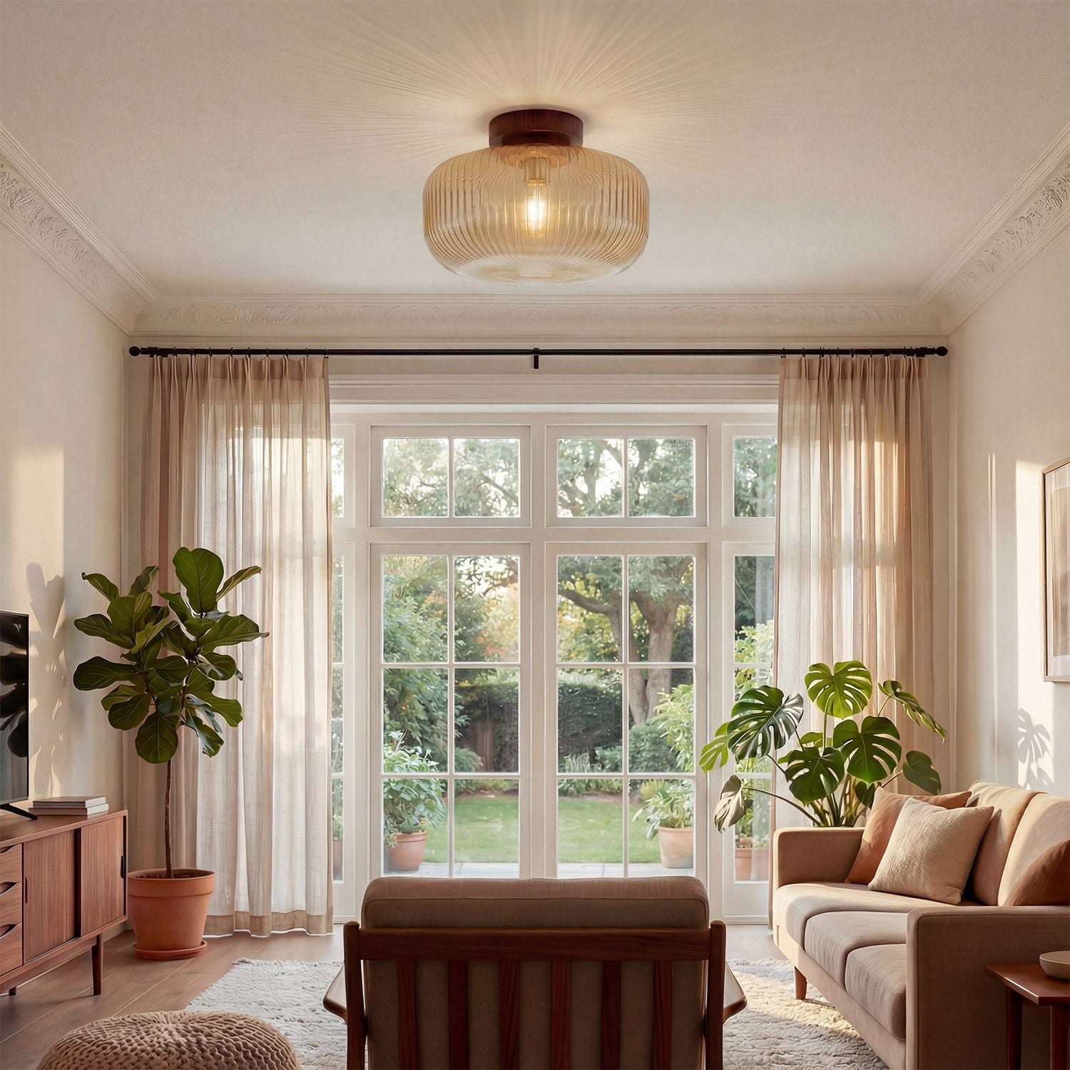 Octavius Farmhouse Retro Amber Fluted Glass Ceiling Light
