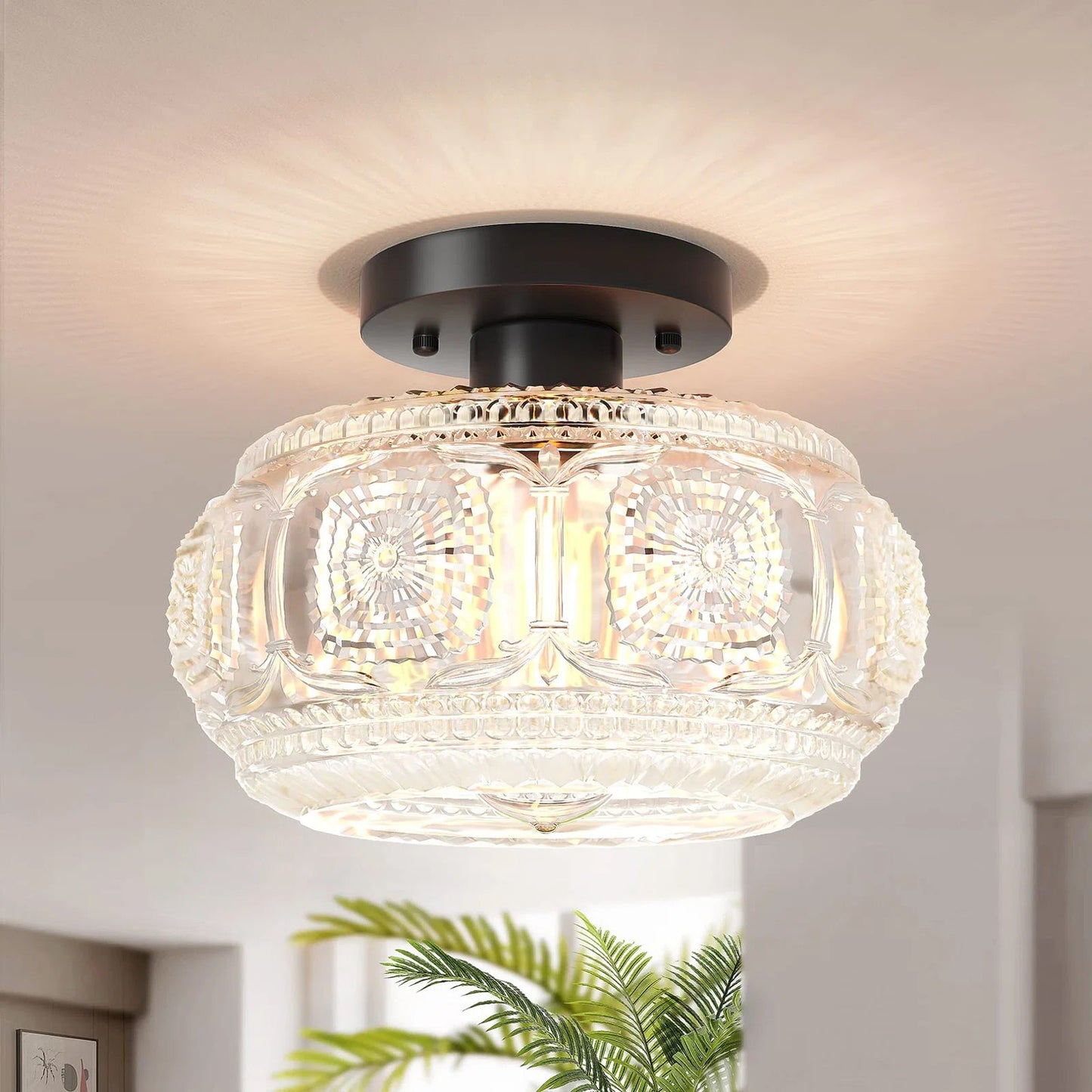 Ixionis Retro Carved Glass Semi Flush Ceiling Light