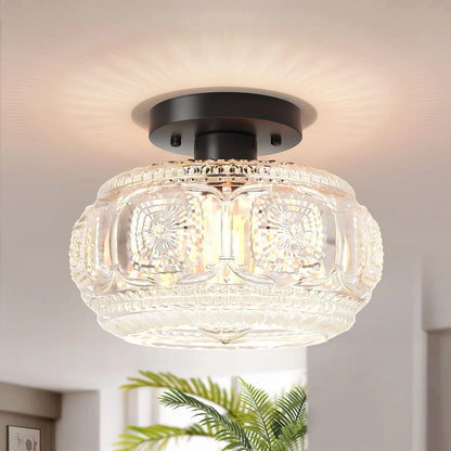 Ixionis Retro Carved Glass Semi Flush Ceiling Light