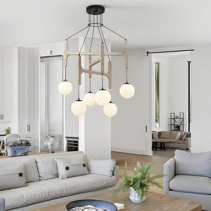 Astraea Farmhouse Wooden Branch Milk Glass Globe Chandelier