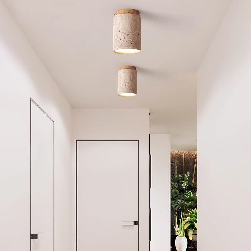 Hyrion Mini Wood And Stone Cylinder Travertine Ceiling Light