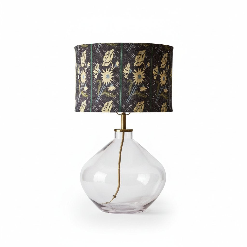 Waylon Vintage Floral Drum Shade Clear Glass Table Lamp