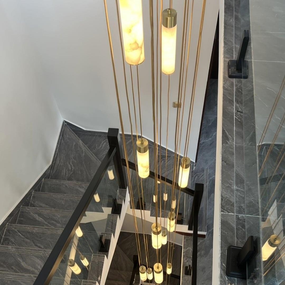 Odalys Luxurious Cylindrical Alabaster Brass Pendant Light