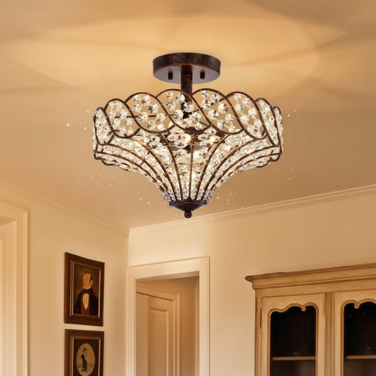 Kim Rustic Bronze 4-Light Crystal Semi-Flush Mount Ceiling Light