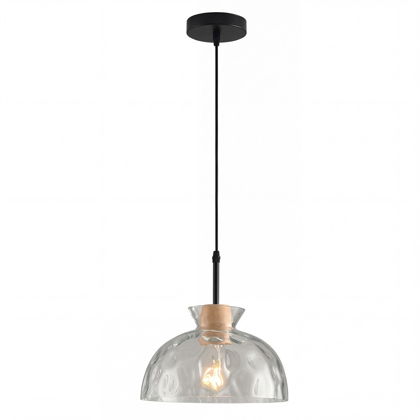 Kethor Mid Century Wood Hammered Glass Dome Pendant Light