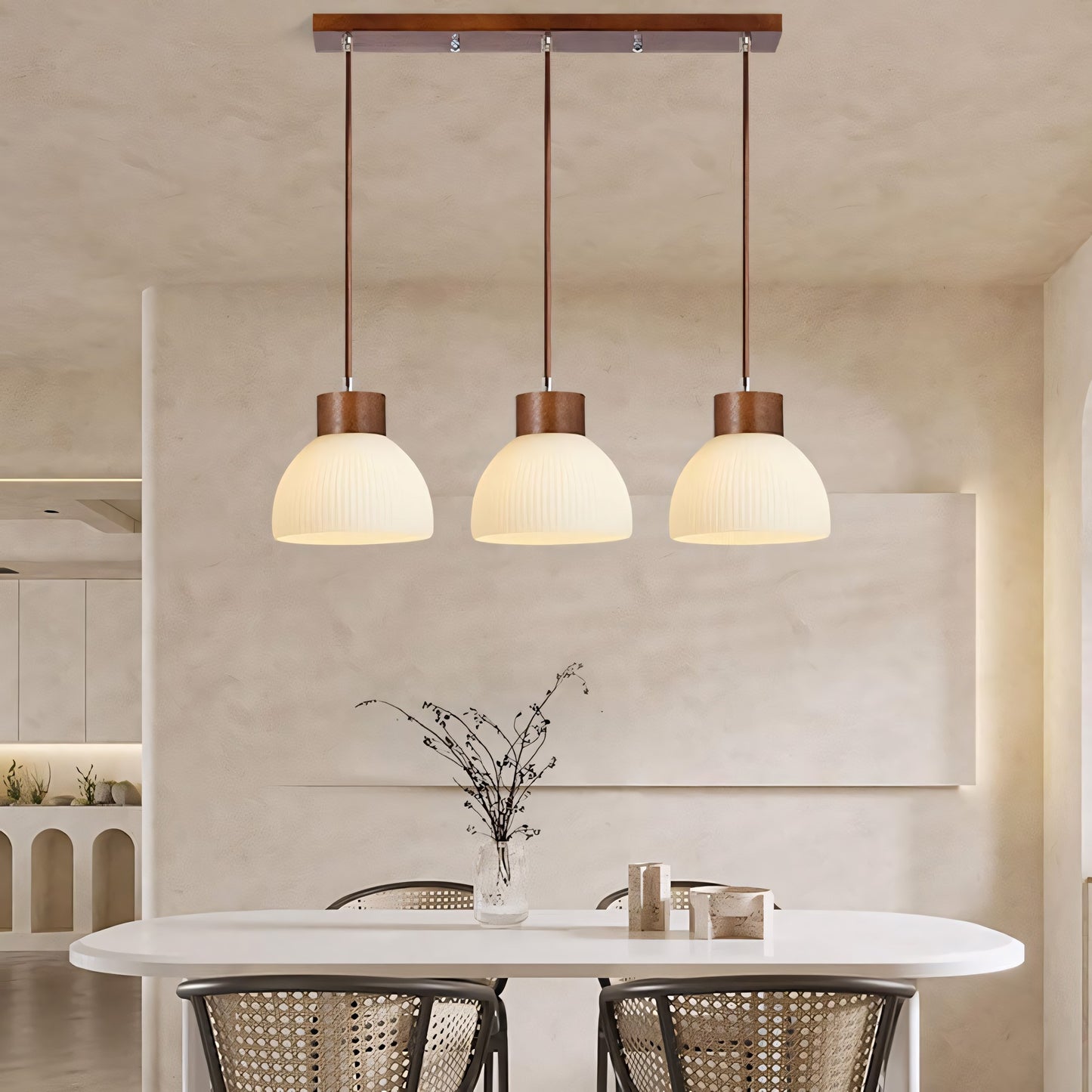 Tyrionth Wood Base 3 Light White Ribbed Glass Shade Pendant Light