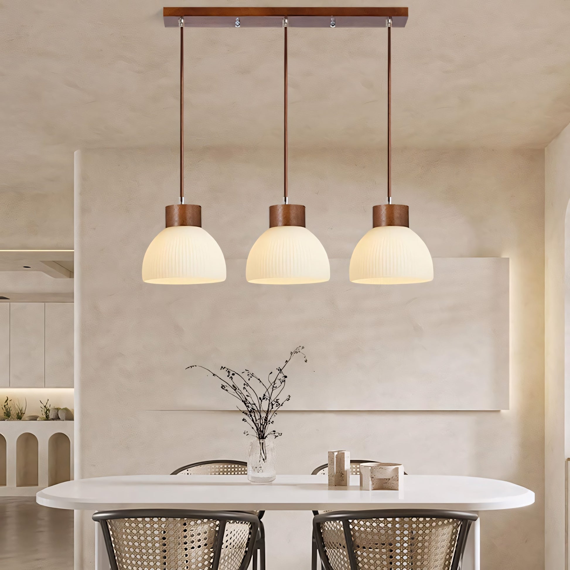 Tyrionth Wood Base 3 Light White Ribbed Glass Shade Pendant Light