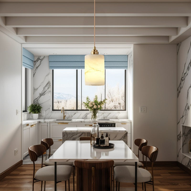 Beverlee Modern Brass Cylinder Alabaster Pendant Light