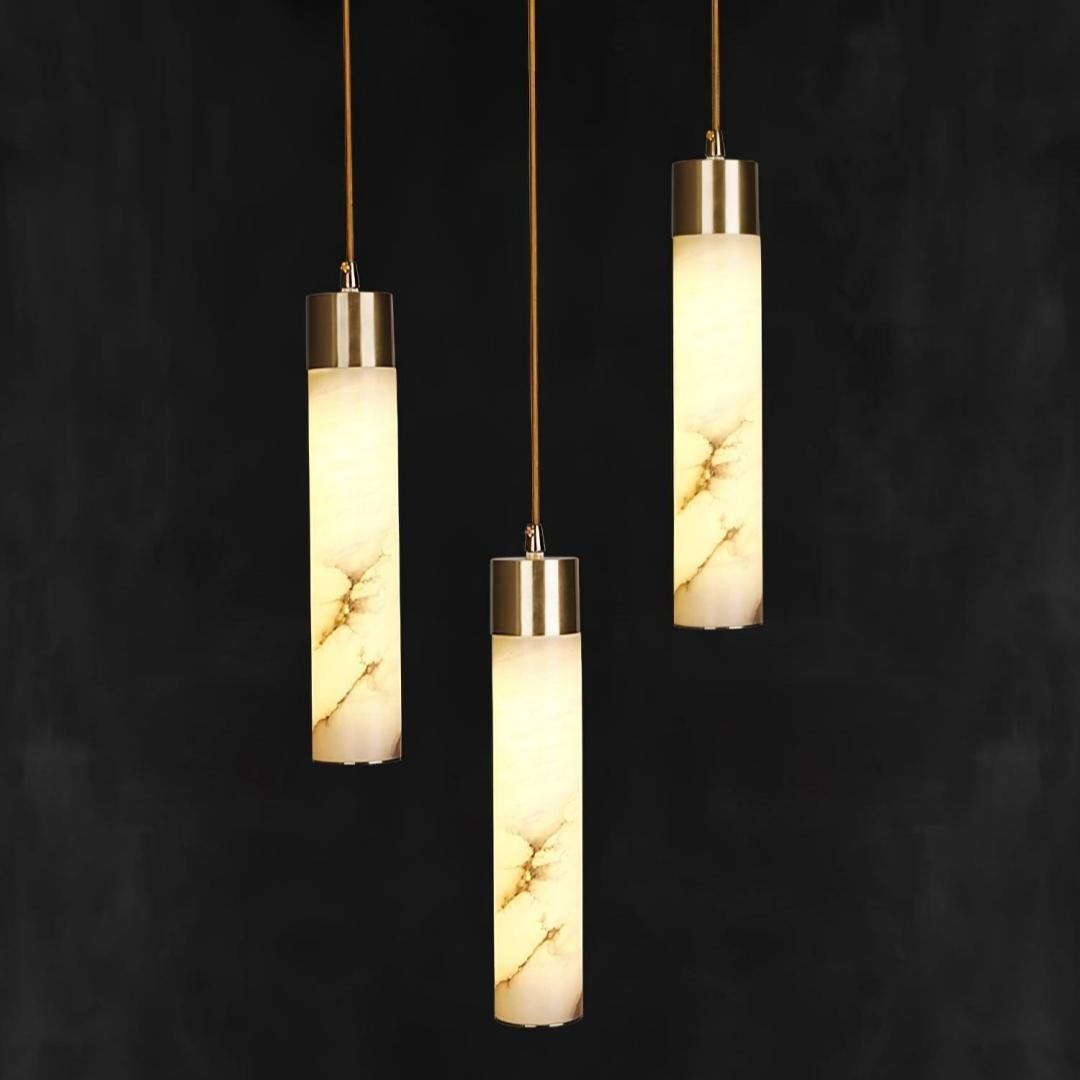 Odalys Luxurious Cylindrical Alabaster Brass Pendant Light