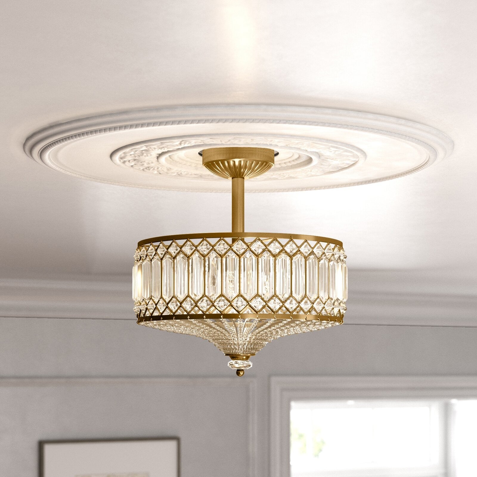 Parnika Luxury Carved Crystal Drum Semi Flush Chandelier