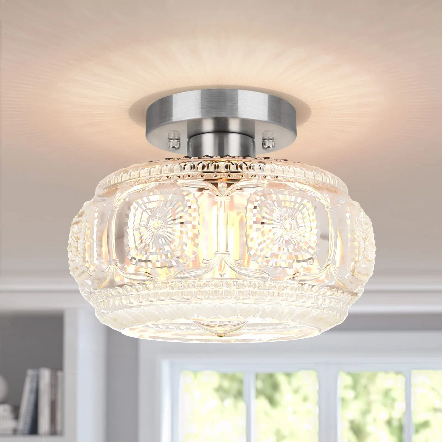 Ixionis Retro Carved Glass Semi Flush Ceiling Light